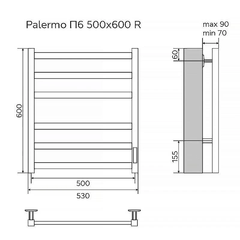 Электрический полотенцесушитель Azario Palermo 500х600 AZ83901G диммер справа цвет Графит