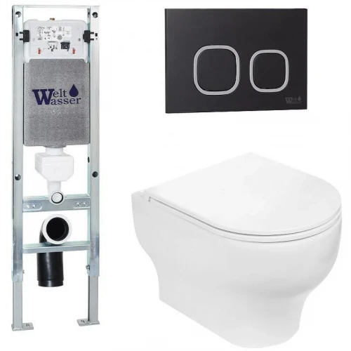 Комплект унитаза с инсталляцией WeltWasser AMBERG 350 ST + ERLENBACH 004 GL-WT + AMBERG RD-BL 10000006506 цвет Белый глянцевый с сиденьем Микролифт и клавишей смыва цвет Черный