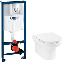 Комплект унитаза Jacob Delafon Elite EDX114RU-00 с инсталляцией Grohe Rapid SL 38721001 с сиденьем Микролифт и клавишей смыва Хром фарфор подвесной