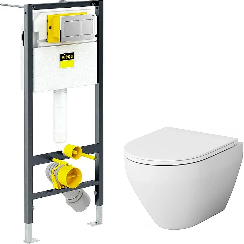 Комплект унитаза AM.PM Spirit FlashClean C701700WH+C707857WH с инсталляцией Viega Prevista Dry 8524.14 792596 с сиденьем Микролифт и клавишей смыва Хром фарфор подвесной