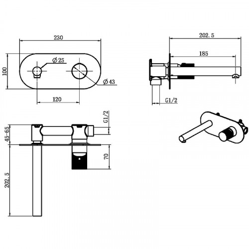 Смеситель для раковины Boheme Stick 125-BB Черный латунь встраиваемый