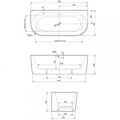 Акриловая ванна Cezares Metauro 180x80 METAURO-INT-Wall-180-80-60-B-W-MATT Черная матовая Белая матовая без гидромассажа