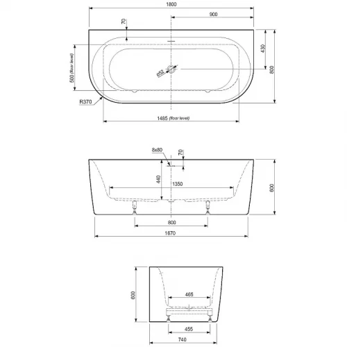 Акриловая ванна Cezares Metauro 180x80 METAURO-INT-Wall-180-80-60-B-W-MATT Черная матовая Белая матовая без гидромассажа