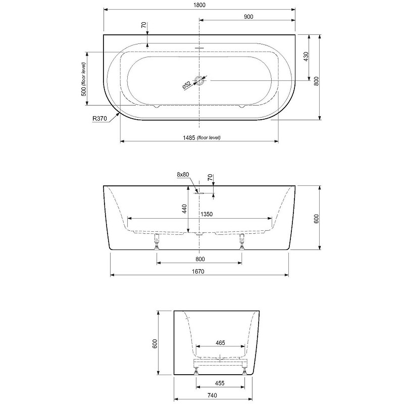 Акриловая ванна Cezares Metauro 180x80 METAURO-INT-Wall-180-80-60-B-W-MATT Черная матовая Белая матовая без гидромассажа