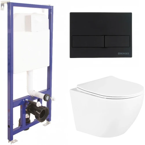 Комплект унитаза BelBagno Uno BB3105CHR/SC с инсталляцией Berges Novum L5 040215 с сиденьем Микролифт и Черной матовой клавишей смыва фаянс подвесной