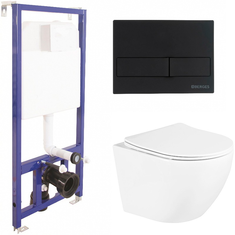 Комплект унитаза BelBagno Uno BB3105CHR/SC с инсталляцией Berges Novum L5 040215 с сиденьем Микролифт и Черной матовой клавишей смыва фаянс подвесной