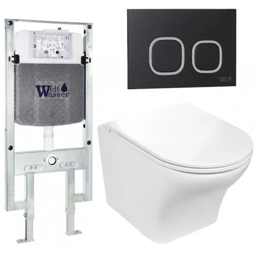 Комплект унитаза с инсталляцией WeltWasser AMBERG 497 ST + ODENBACH 004 GL-WT + AMBERG RD-BL 10000006739 цвет Белый глянцевый с сиденьем Микролифт и клавишей смыва цвет Черный
