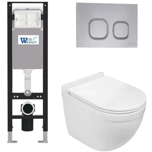 Комплект унитаза с инсталляцией WeltWasser AMBERG 350 + HEIMBACH 043 GL-WT + AMBERG RD-CR 10000012440 цвет Белый глянцевый с сиденьем Микролифт и клавишей смыва цвет Хром