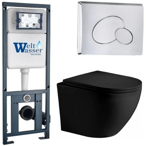 Комплект унитаза с инсталляцией WeltWasser MARBERG 410 + MERZBACH 043 XL MT-BL + MAR 410 RD CR 10000014143 цвет Черный матовый с сиденьем Микролифт и клавишей смыва цвет Хром