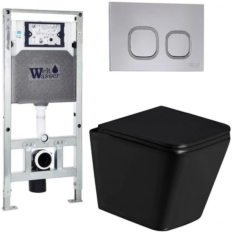 Комплект унитаза с инсталляцией WeltWasser AMBERG 506 ST + GELBACH 043 GL-BL + AMBERG RD-CR 10000011947 цвет Черный глянцевый с сиденьем Микролифт и клавишей смыва цвет Хром