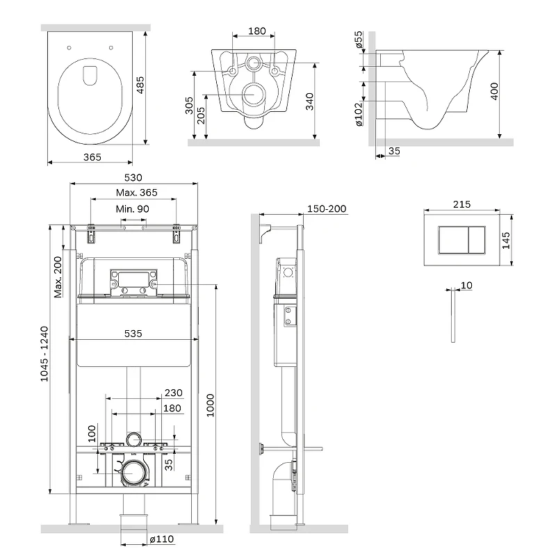 Комплект унитаза с инсталляцией AM.PM MasterFit IS100238.DX35C1700 с сиденьем Микролифт и Черной матовой клавишей смыва фарфор подвесной