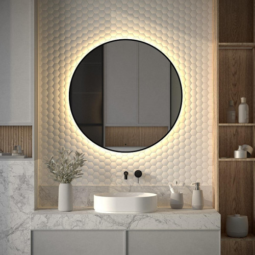 Зеркало Defesto Aura 90х90 DF 2996R с подсветкой 28W-3000K/ИК - выключатель/Теплый белый свет/Черная рама