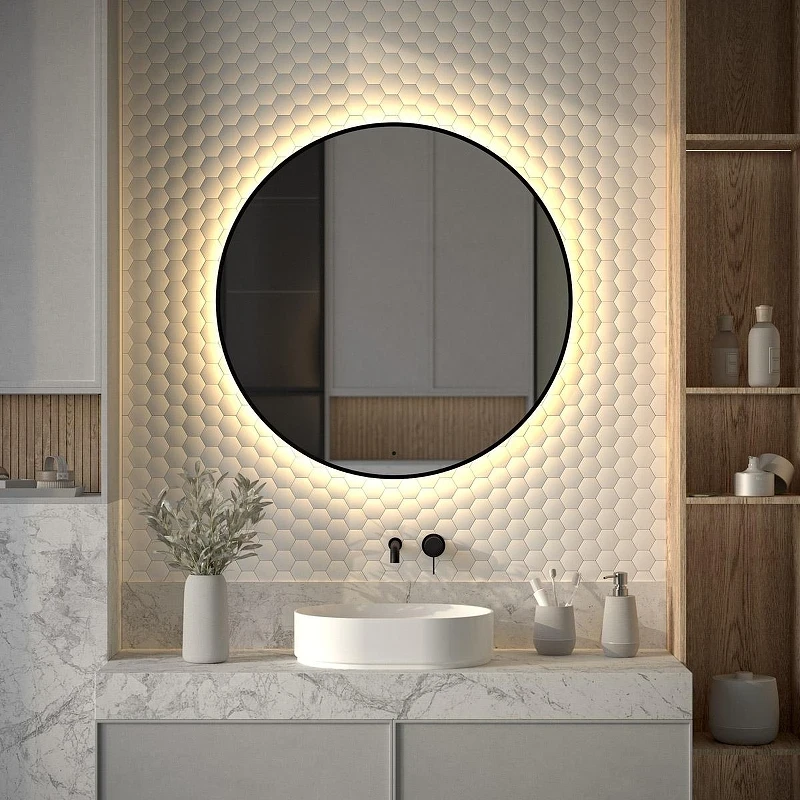Зеркало Defesto Aura 90х90 DF 2996R с подсветкой 28W-3000K/ИК - выключатель/Теплый белый свет/Черная рама