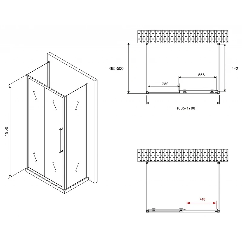 Душевой уголок Abber Schwarzer Diamant 170x50 AG30170H-S50-S50 профиль Хром стекло прозрачное