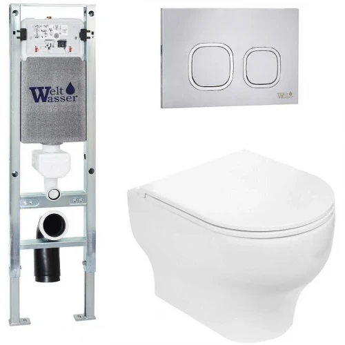 Комплект унитаза с инсталляцией WeltWasser AMBERG 350 ST + ERLENBACH 004 GL-WT + AMBERG RD-MT CR 10000006507 цвет Белый глянцевый с сиденьем Микролифт и клавишей смыва цвет Хром матовый