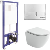 Комплект унитаза Ceramicanova Uno Rimless CN11001 с инсталляцией Berges Novum L3 040213 с сиденьем Микролифт и клавишей смыва Хром фарфор подвесной