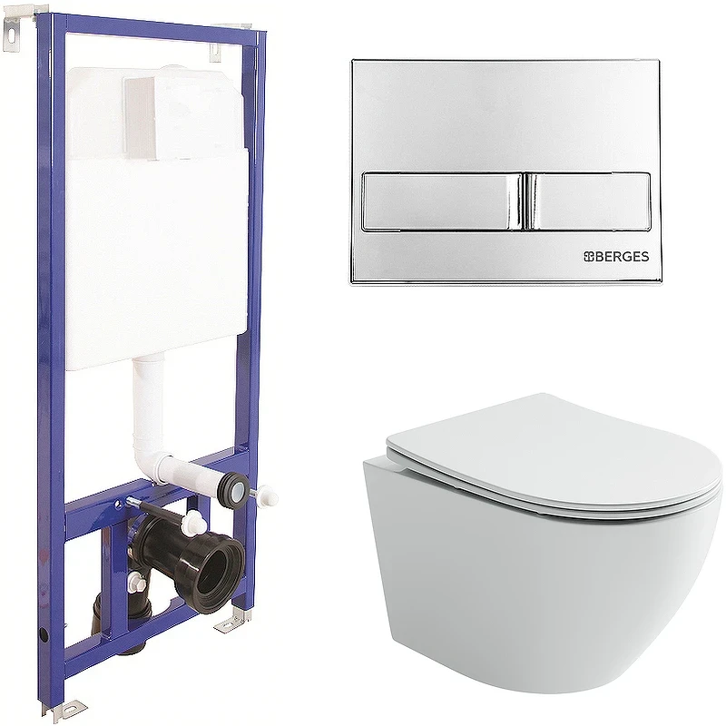 Комплект унитаза Ceramicanova Uno Rimless CN11001 с инсталляцией Berges Novum L3 040213 с сиденьем Микролифт и клавишей смыва Хром фарфор подвесной