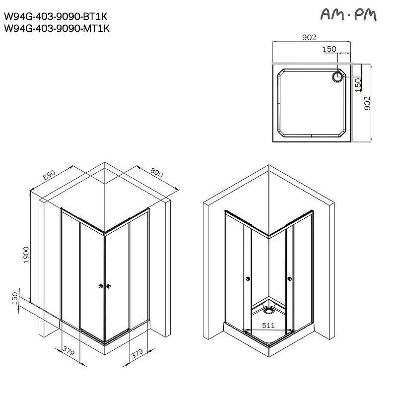 Душевой уголок AM.PM X-Joy 90х90 W94G-403-9090-MT1K профиль Хром матовый стекло прозрачное