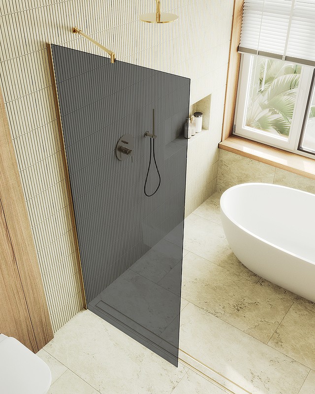 Душевая перегородка Maybah Glass MGD-693-3ш 890x1950 в широком профиле Золото стекло графитовое