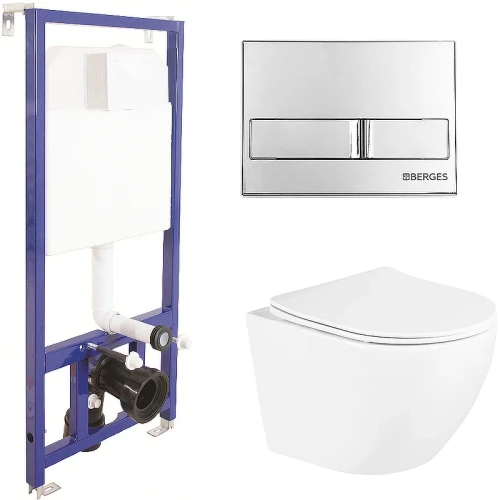 Комплект унитаза BelBagno Uno BB3105CHR/SC с инсталляцией Berges Novum L3 040213 с сиденьем Микролифт и клавишей смыва Хром фаянс подвесной
