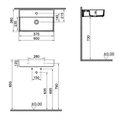 Раковина Vitra ArchiPlan 60 7401B003-0001 Белая фарфор подвесная, накладная