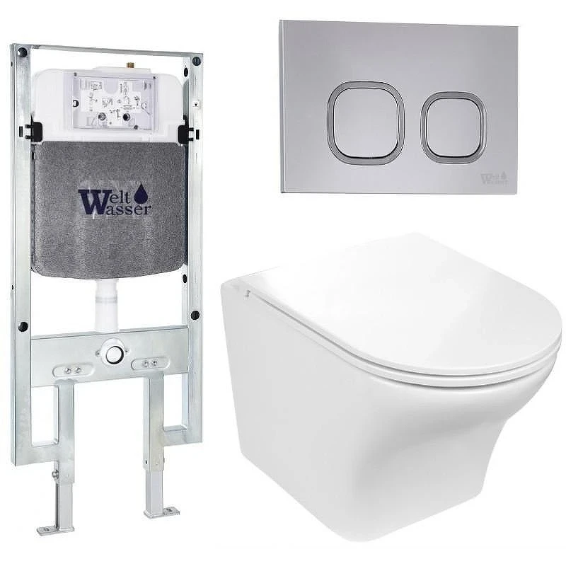 Комплект унитаза с инсталляцией WeltWasser AMBERG 497 ST + ODENBACH 004 GL-WT + AMBERG RD-CR 10000006740 цвет Белый глянцевый с сиденьем Микролифт и клавишей смыва цвет Хром