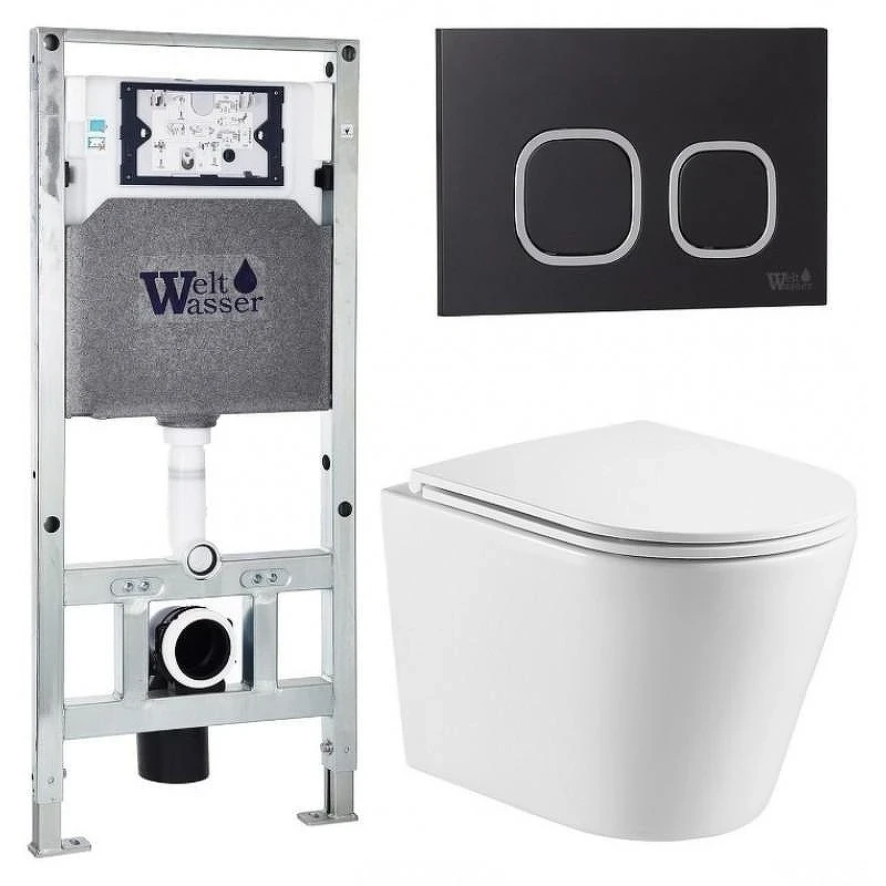 Комплект унитаза с инсталляцией WeltWasser AMBERG 506 ST + SALZBACH 043 GL-WT + AMBERG RD-BL 10000011504 цвет Белый глянцевый с сиденьем Микролифт и клавишей смыва цвет Черный