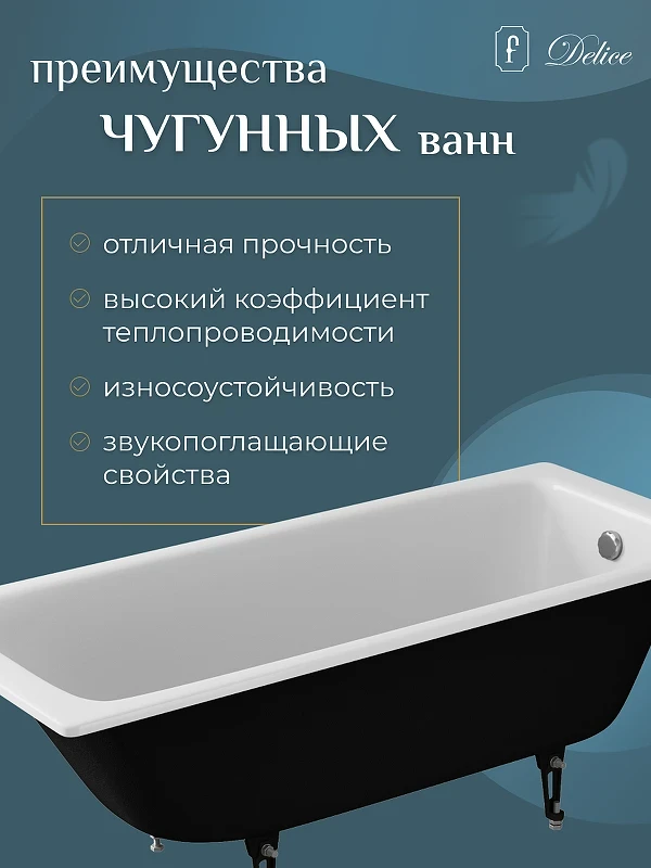 Чугунная ванна Delice Biove 170x75 DLR220509 без отверстий под ручки и антискользящего покрытия