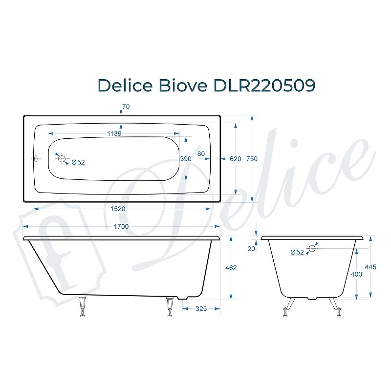 Чугунная ванна Delice Biove 170x75 DLR220509 без отверстий под ручки и антискользящего покрытия