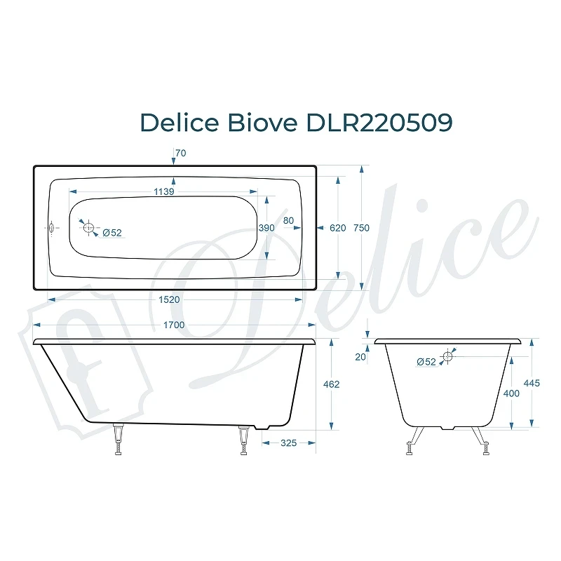 Чугунная ванна Delice Biove 170x75 DLR220509 без отверстий под ручки и антискользящего покрытия