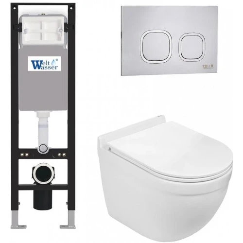 Комплект унитаза с инсталляцией WeltWasser AMBERG 350 + HEIMBACH 043 GL-WT + AMBERG RD-MT CR 10000012441 цвет Белый глянцевый с сиденьем Микролифт и клавишей смыва цвет Хром матовый