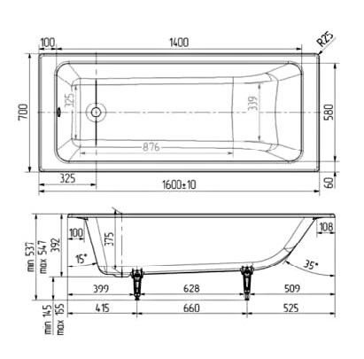 Чугунная ванна Wotte Line 160x70 БП-э00д1466 без антискользящего покрытия