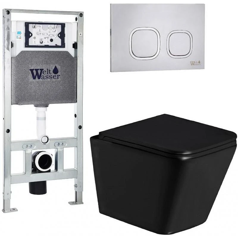 Комплект унитаза с инсталляцией WeltWasser AMBERG 506 ST + GELBACH 043 GL-BL + AMBERG RD-MT CR 10000011948 цвет Черный глянцевый с сиденьем Микролифт и клавишей смыва цвет Хром матовый