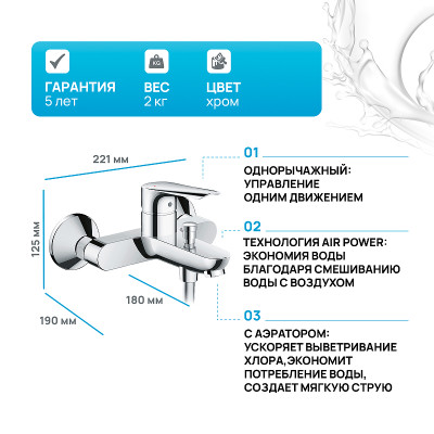 Смеситель для ванны Hansgrohe Logis E 71403000 Хром латунь на стену
