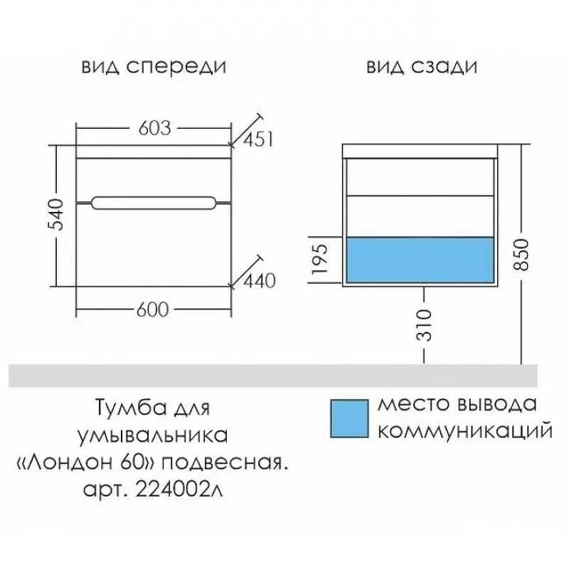 Тумба под раковину СанТа Лондон 60 224002л подвесная Белая МДФ / ЛДСП