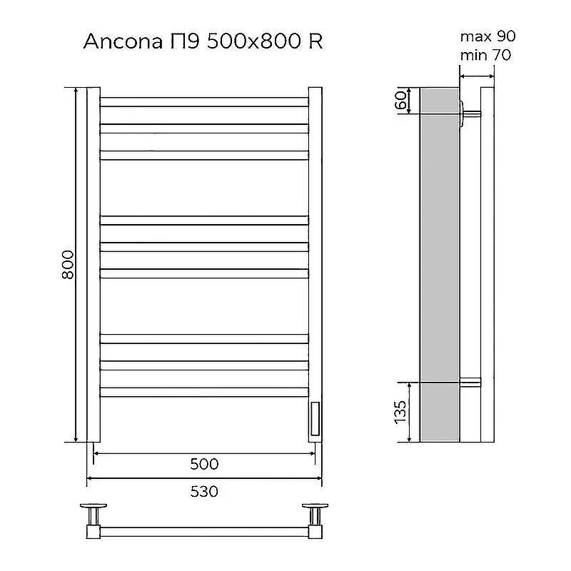 Электрический полотенцесушитель Azario Ancona 500x800 П9 AZ71858B диммер справа Черный