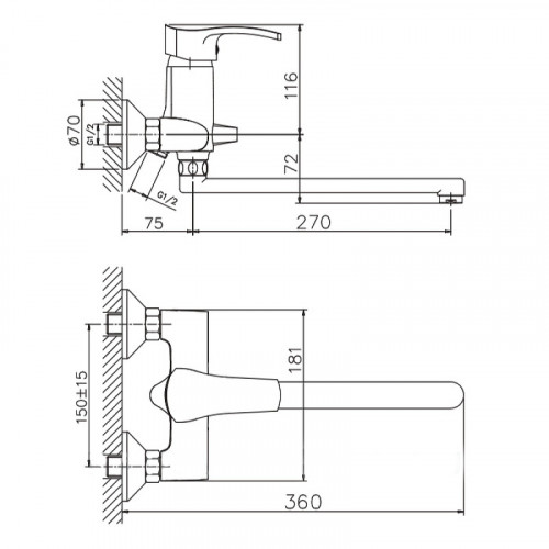 Смеситель для ванны Haiba HB2270 универсальный Хром на стену