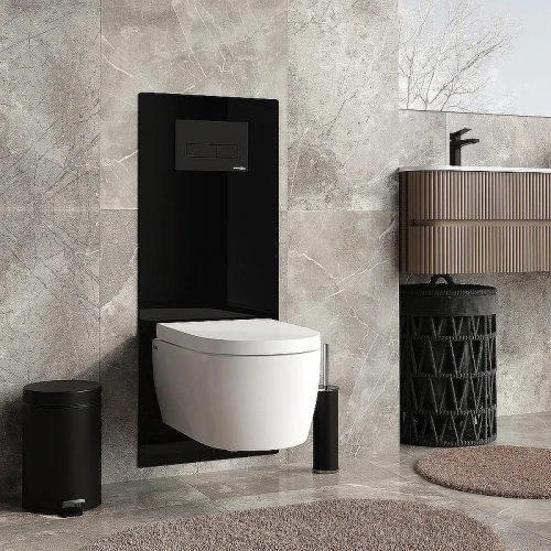 Инсталляция WasserKRAFT Abens 20TLT.010.ME.BL.MB03 для унитаза Черное стекло с Черной матовой клавишей смыва
