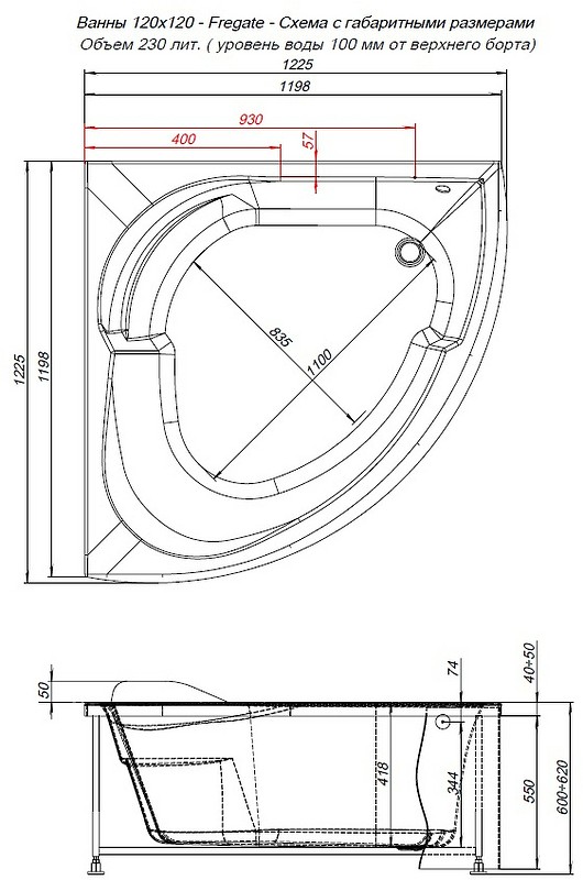 Акриловая ванна Aquanet Fregate 120x120 205488 без гидромассажа