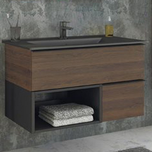 Тумба с раковиной Comforty Франкфурт 90 00-00002048 подвесная Дуб шоколадно-коричневый Черная матовая МДФ / ЛДСП