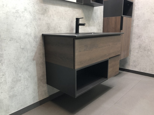 Тумба с раковиной Comforty Франкфурт 90 00-00002048 подвесная Дуб шоколадно-коричневый Черная матовая МДФ / ЛДСП