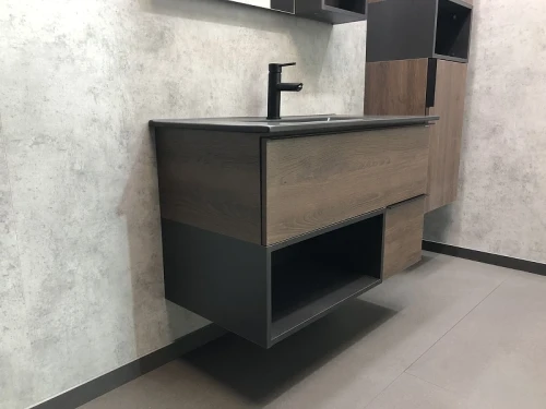 Тумба с раковиной Comforty Франкфурт 90 00-00002048 подвесная Дуб шоколадно-коричневый Черная матовая МДФ / ЛДСП
