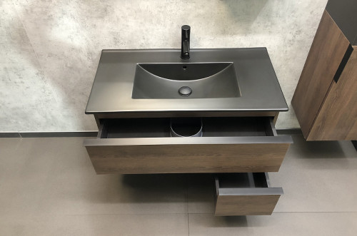 Тумба с раковиной Comforty Франкфурт 90 00-00002048 подвесная Дуб шоколадно-коричневый Черная матовая МДФ / ЛДСП