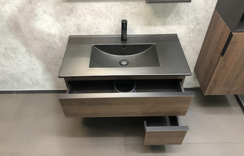 Тумба с раковиной Comforty Франкфурт 90 00-00002048 подвесная Дуб шоколадно-коричневый Черная матовая МДФ / ЛДСП