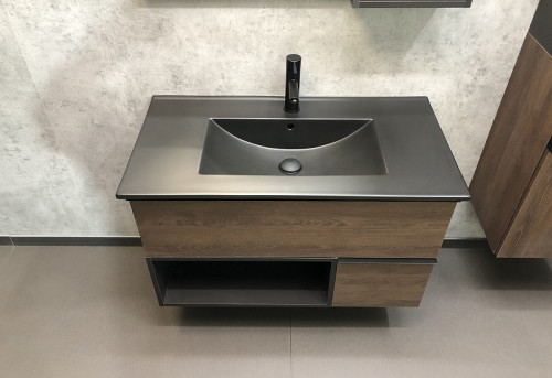Тумба с раковиной Comforty Франкфурт 90 00-00002048 подвесная Дуб шоколадно-коричневый Черная матовая МДФ / ЛДСП