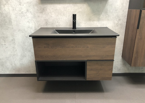 Тумба с раковиной Comforty Франкфурт 90 00-00002048 подвесная Дуб шоколадно-коричневый Черная матовая МДФ / ЛДСП