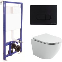 Комплект унитаза Ceramicanova Uno Rimless CN11001 с инсталляцией Berges Novum D5 040235 с сиденьем Микролифт и Черной матовой клавишей смыва фарфор подвесной