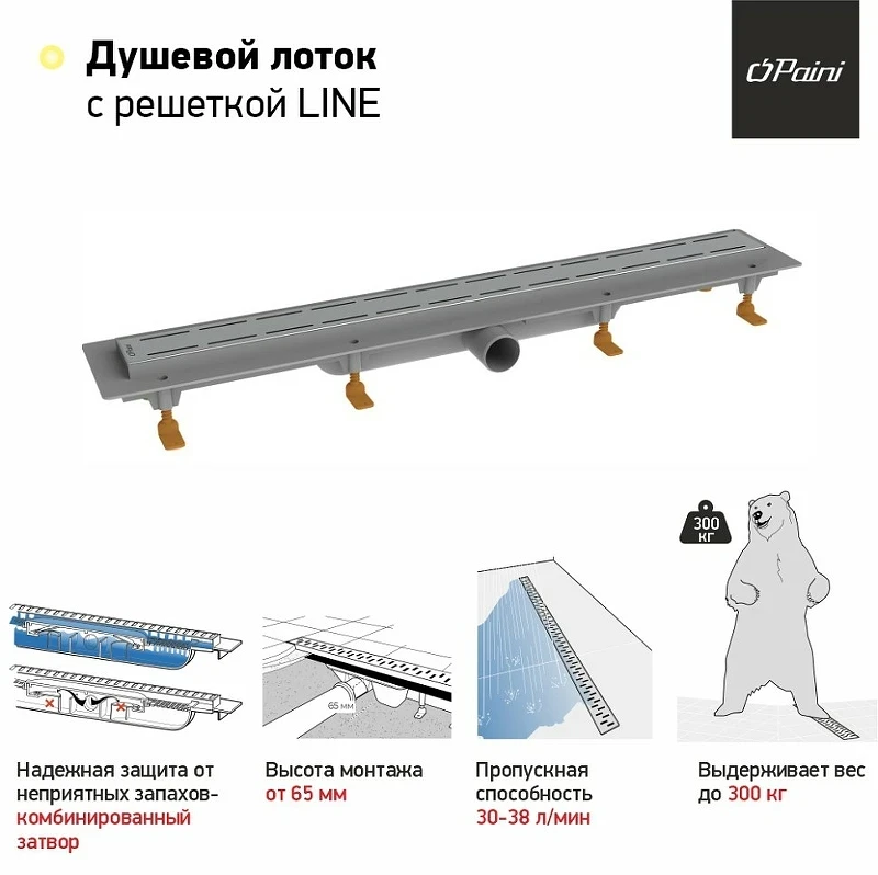 Душевой лоток Paini Line 650 CH650LN с решеткой Хром глянец