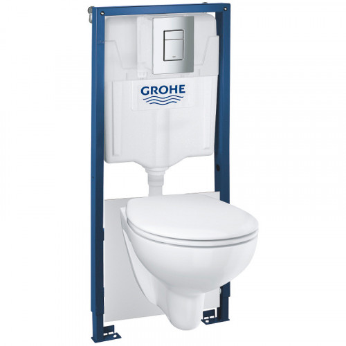 Комплект унитаза с инсталляцией Grohe Solido Compact 39586000 с сиденьем Микролифт и клавишей смыва Хром фарфор подвесной