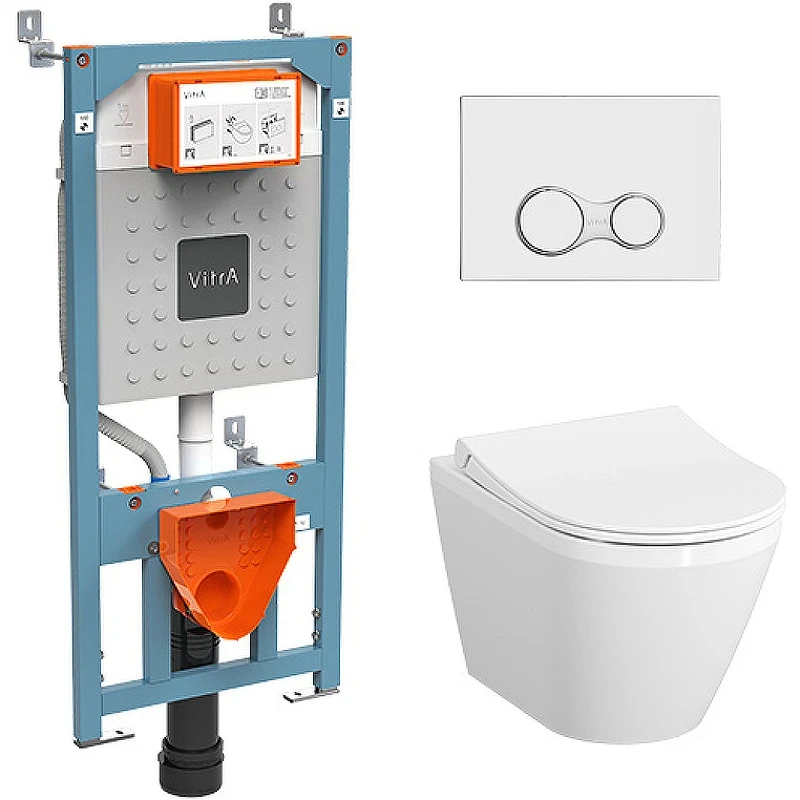 Комплект унитаза с инсталляцией Vitra Integra Round 9856B003-7205 с сиденьем Микролифт и клавишей смыва Хром глянцевый фарфор подвесной